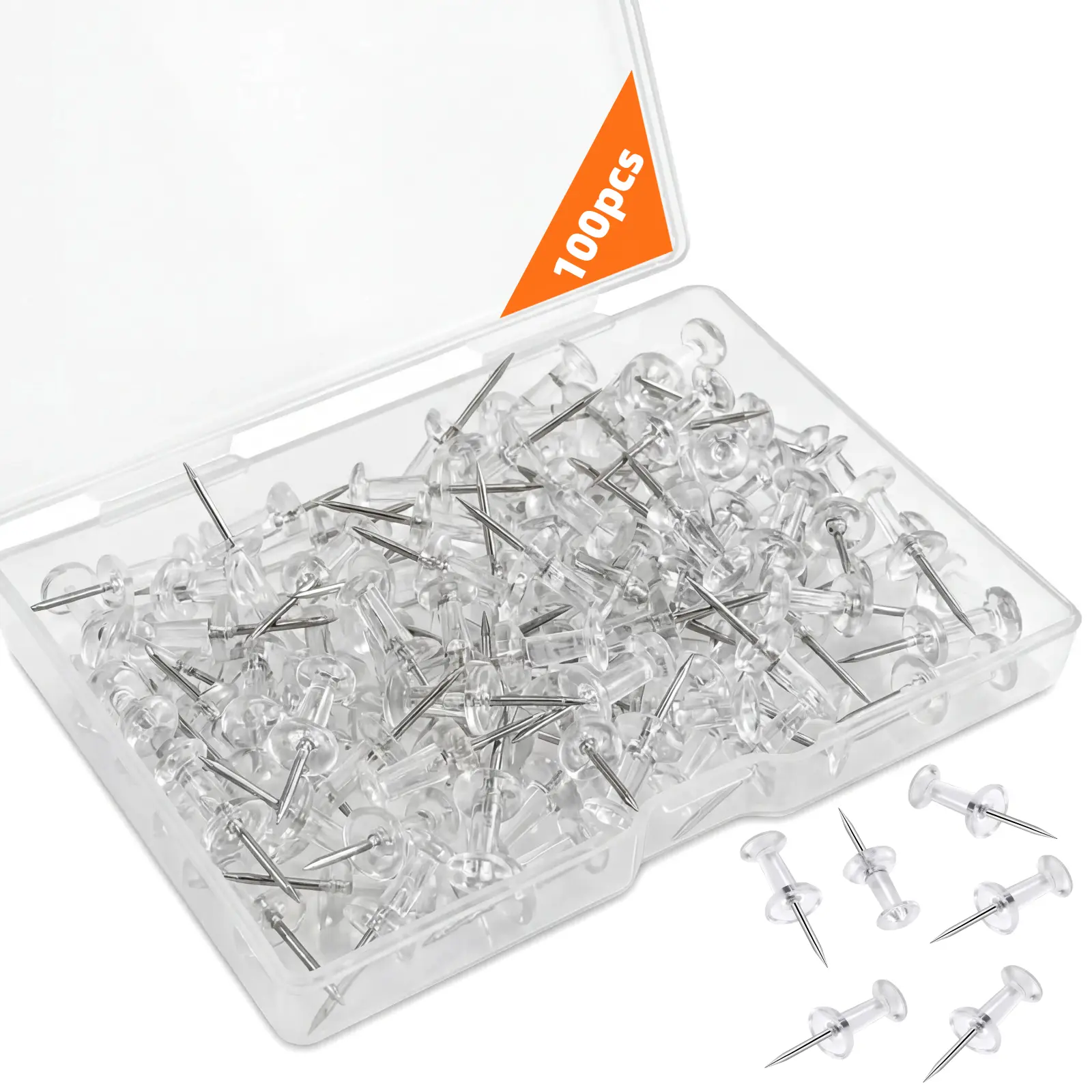 100-Pack Clear Push Pins for Bulletin Board, Transparent Thumb Tacks with Steel Sharp Tip, Portable Storage Case Included, Durable Wall Tacks for Cork Board, Office School Home Daily Organizing