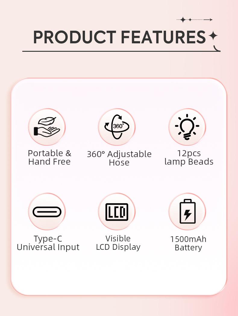 Rechargeable UV LED Nail Lamp with Auto Sensor, 1500mAh Cordless Gel Nail Curing Light with 360° Flexible Gooseneck, 4 Timer Modes (10s/30s/60s/90s) Portable Nail Dryer for Gel Polish, Professional Manicure Light for Home Salon Use