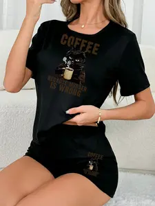 Cute Cat Short Sleeve Shorts Women's Pajama Set, Animal Pattern Sleepwear for All Seasons, Comfortable and Stylish Nightwear