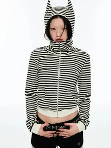 Women's Striped Cat Ear Hoodie Cropped Zip Up – Y2K Streetwear Knit Jacket, Black & White
