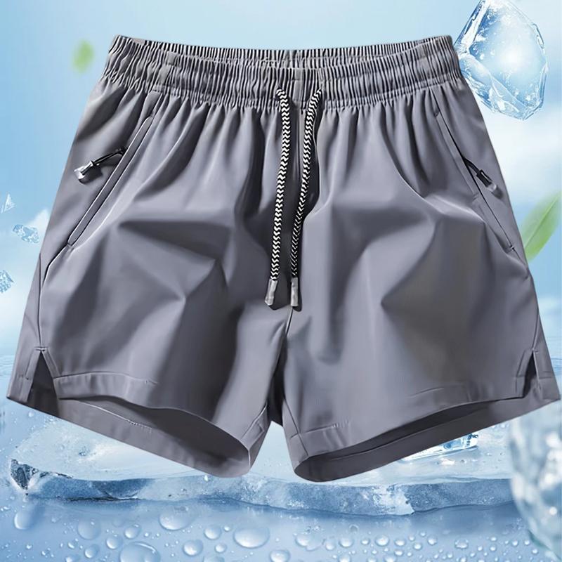 Men’s solid-color minimalist drawstring  with zippered pockets; men’s   -waist pocket shorts;  summer men’s sports bottoms; everyday wear, suitable for spring and summer. Quick-Dry Elastic Athletic Shorts Set Casual Breathable