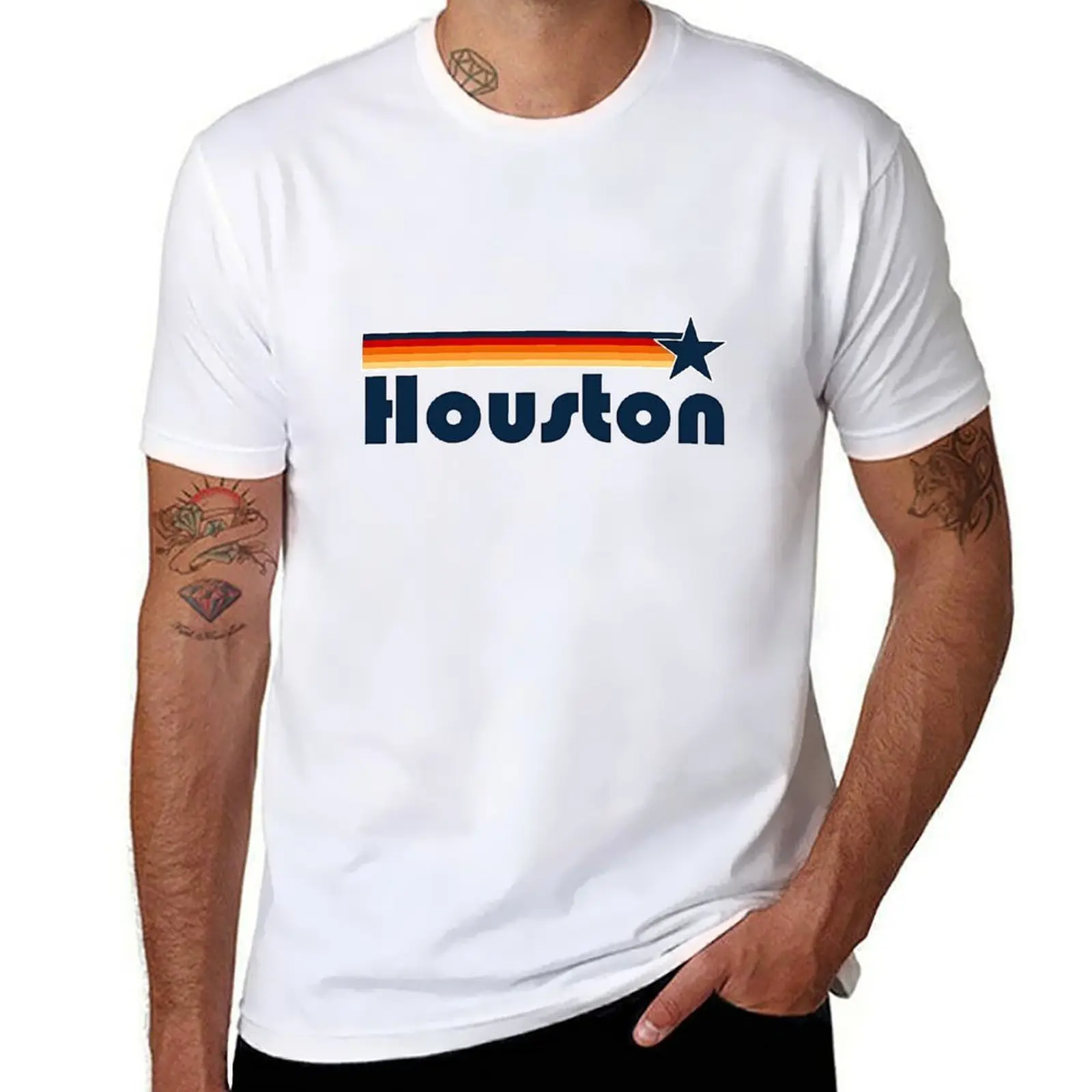 Men's Classic Houston Baseball Star Logo Graphic T-Shirt - 100% Cotton Unisex Casual Short Sleeve Round Neck Regular Fit Streetwear Clothes, Soft Heat Transfer Print, Suitable for Valentine's Day, Thanksgiving, All Seasons, Valentines Day
