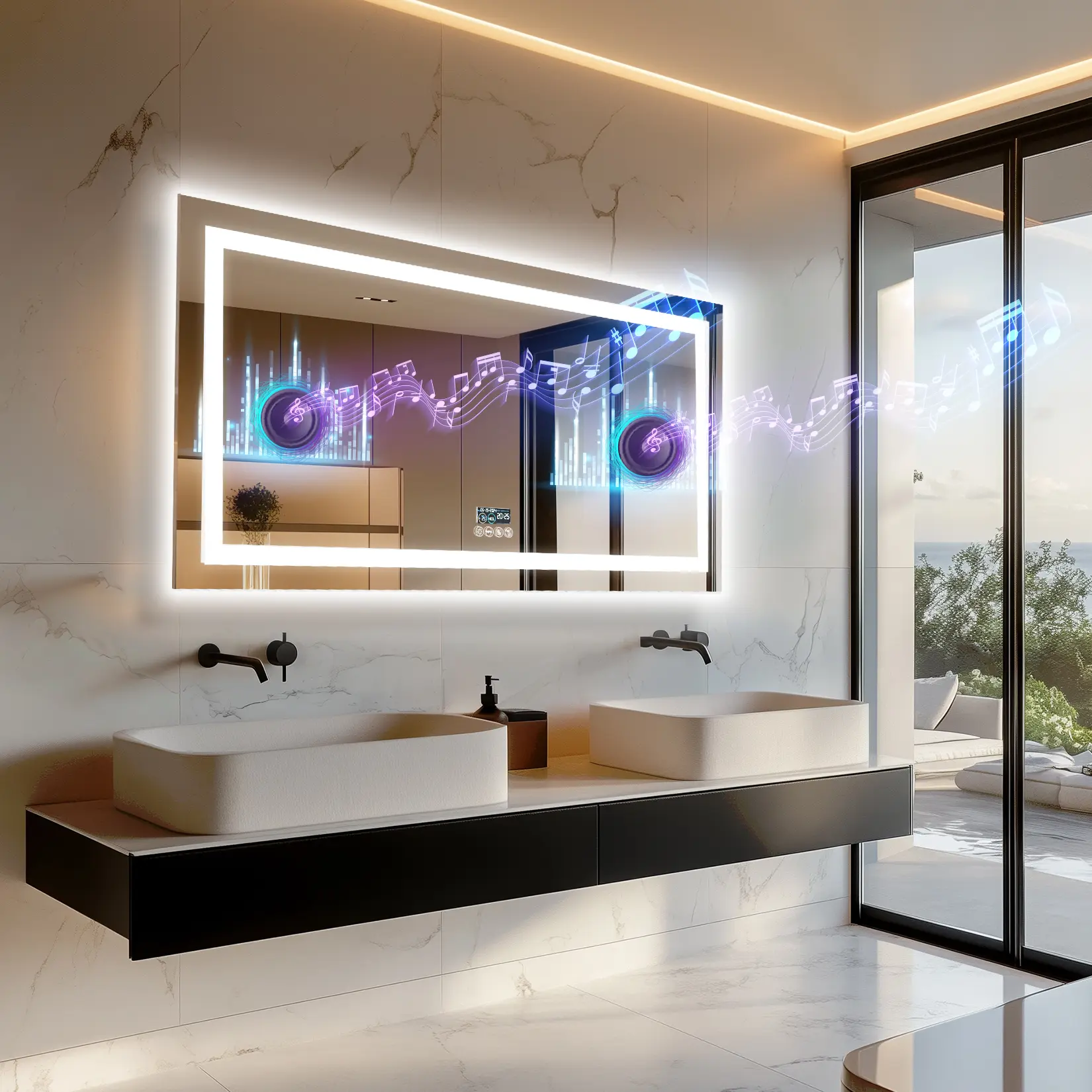 Smart Bathroom LED Mirror with Bluetooth Speakers – Lighted Wall Mirror with Double Sound System