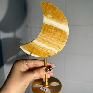Orange Calcite Moon on Gold Stand - Sapphire & Sage