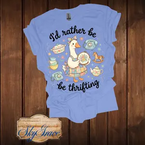 SkyGrace 'I'd Rather Be Thrifting' Women's T-Shirt - Blue, Short Sleeve, Fitted, Casual Style, Featuring Duck Design