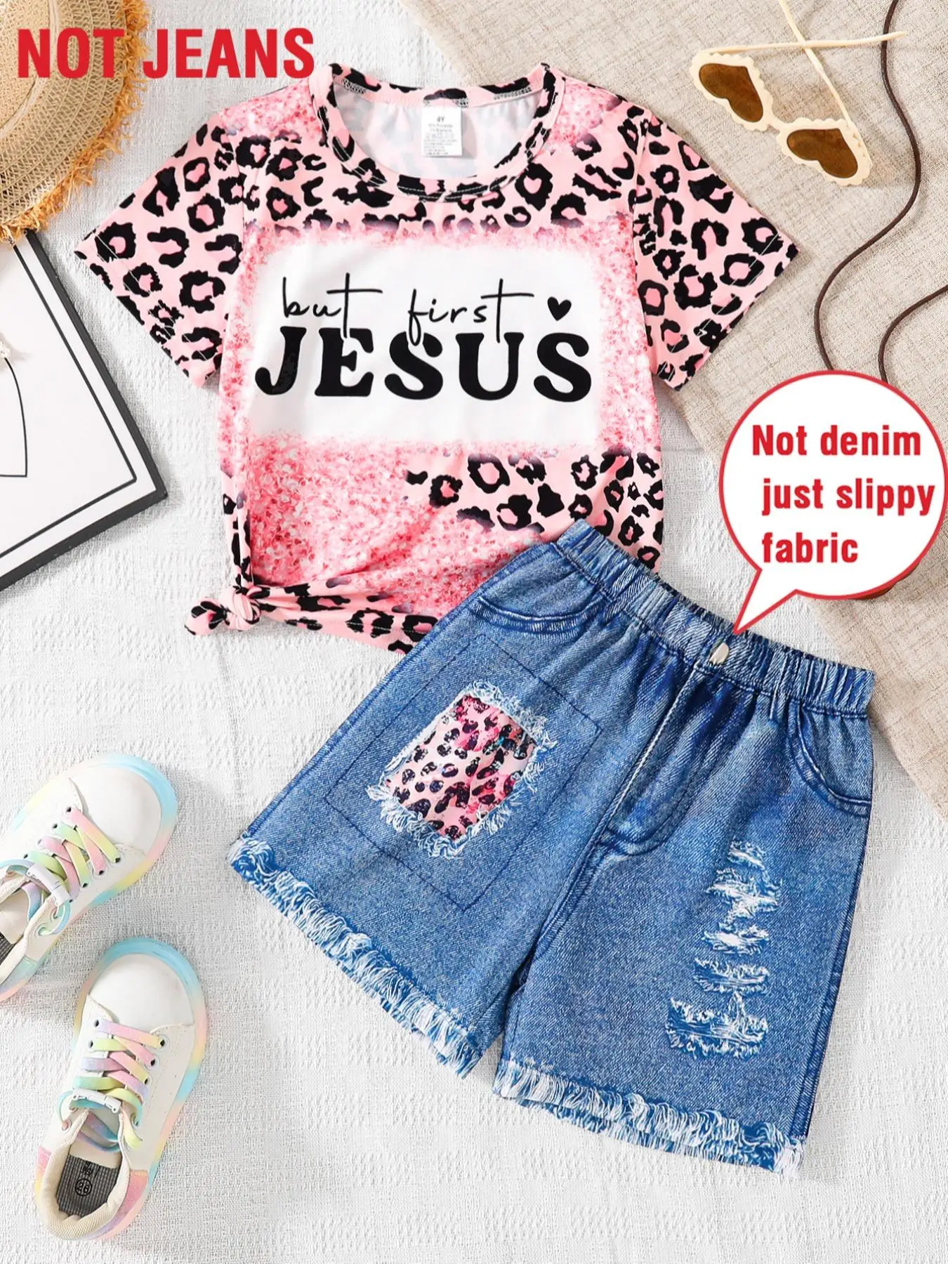Girl's Leopard Letter Print Short Sleeve Tee & Denim-effect Print Shorts without Shoes, Casual Two-piece Set for Daily Wear, Kids Clothes