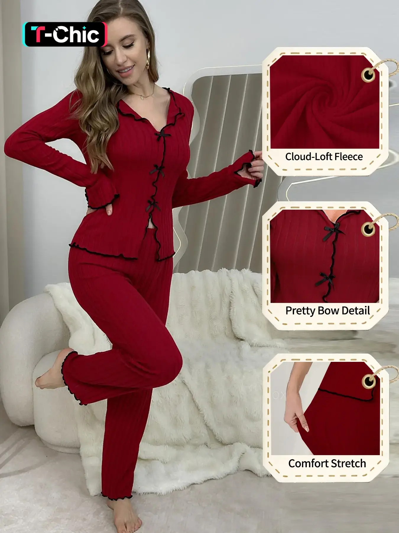 Women's Spring Autumn Winter Plain Thickened Warm Sweet Bow Lace V-Neck Long Sleeve Home Set Two-Piece Suit Pajama Set