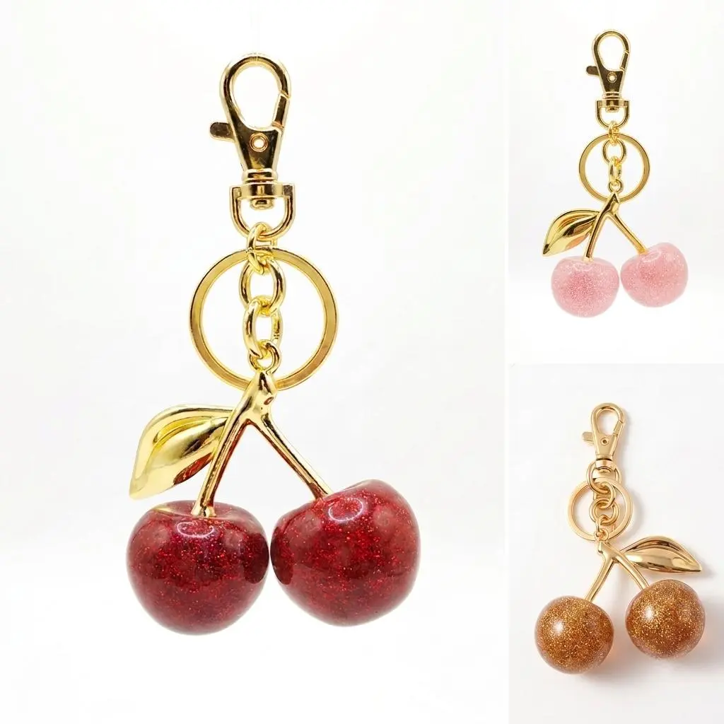 Cute Cherry Bag Charm for Women, Glossy Resin Fashion Keychain with a Gold-Tone Clasp for Handbags and Backpacks, Trendy Bag Charms, Purse