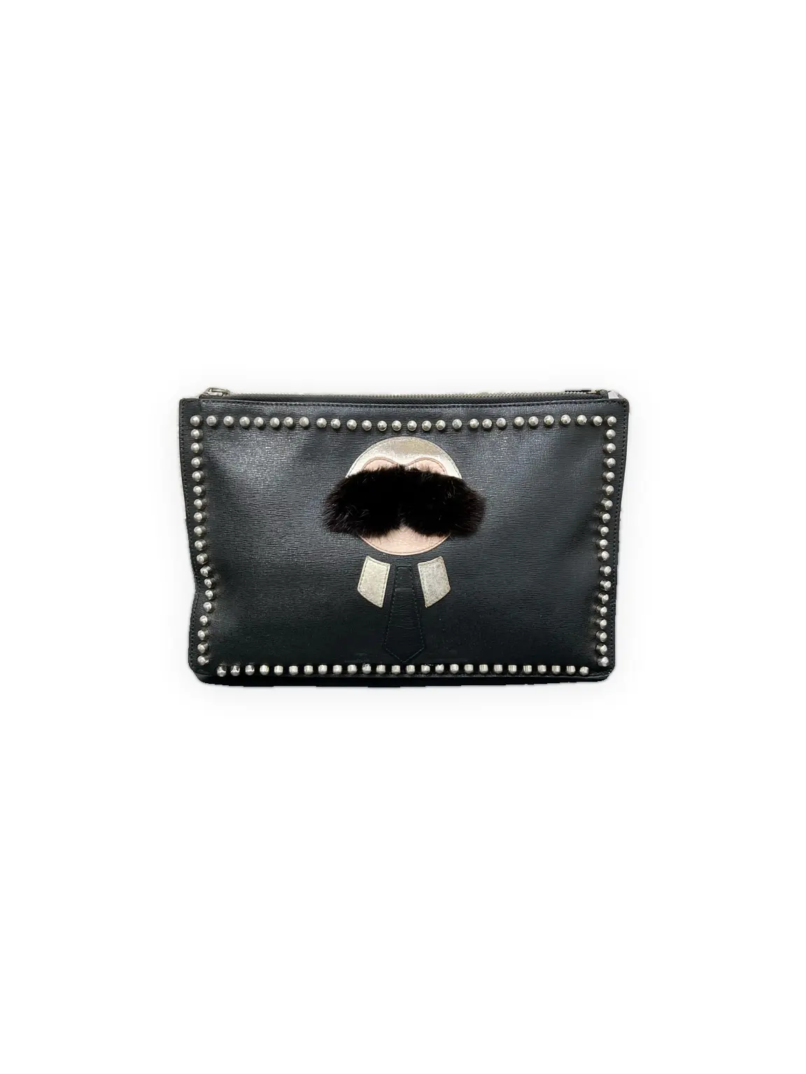 Pre-owned FENDI Smooth calfskin leather with fur and stud embellishments Clutches & Wristlets Karlito Pouch Black with white, beige, and black Karlito motif; silver tone studs Excellent S013260506010, Limited Edition, Luxury Clutches & Wristlets