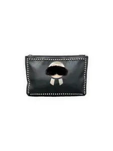 Pre-owned FENDI Smooth calfskin leather with fur and stud embellishments Clutches & Wristlets Karlito Pouch Black with white, beige, and black Karlito motif; silver tone studs Excellent S013260506010