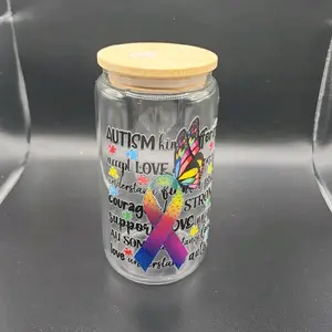 Autism Awareness 16 oz Glass Jar with Butterfly Design and Rainbow Ribbon for Support and Understanding
