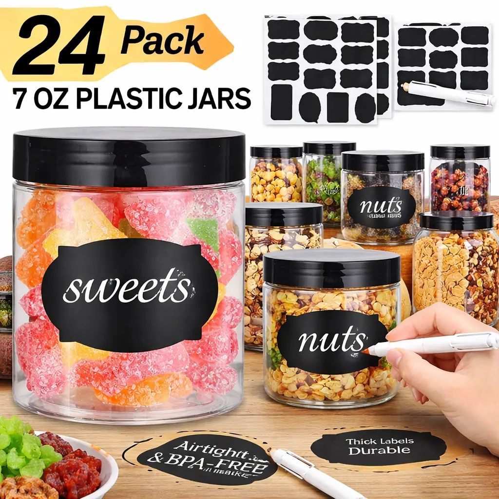 BPA Free Plastic Jars 24 Pack – 7 oz Clear Containers with Lids for Slime, Kitchen Storage, Dry Goods, Creams, Crafts, and Organizing