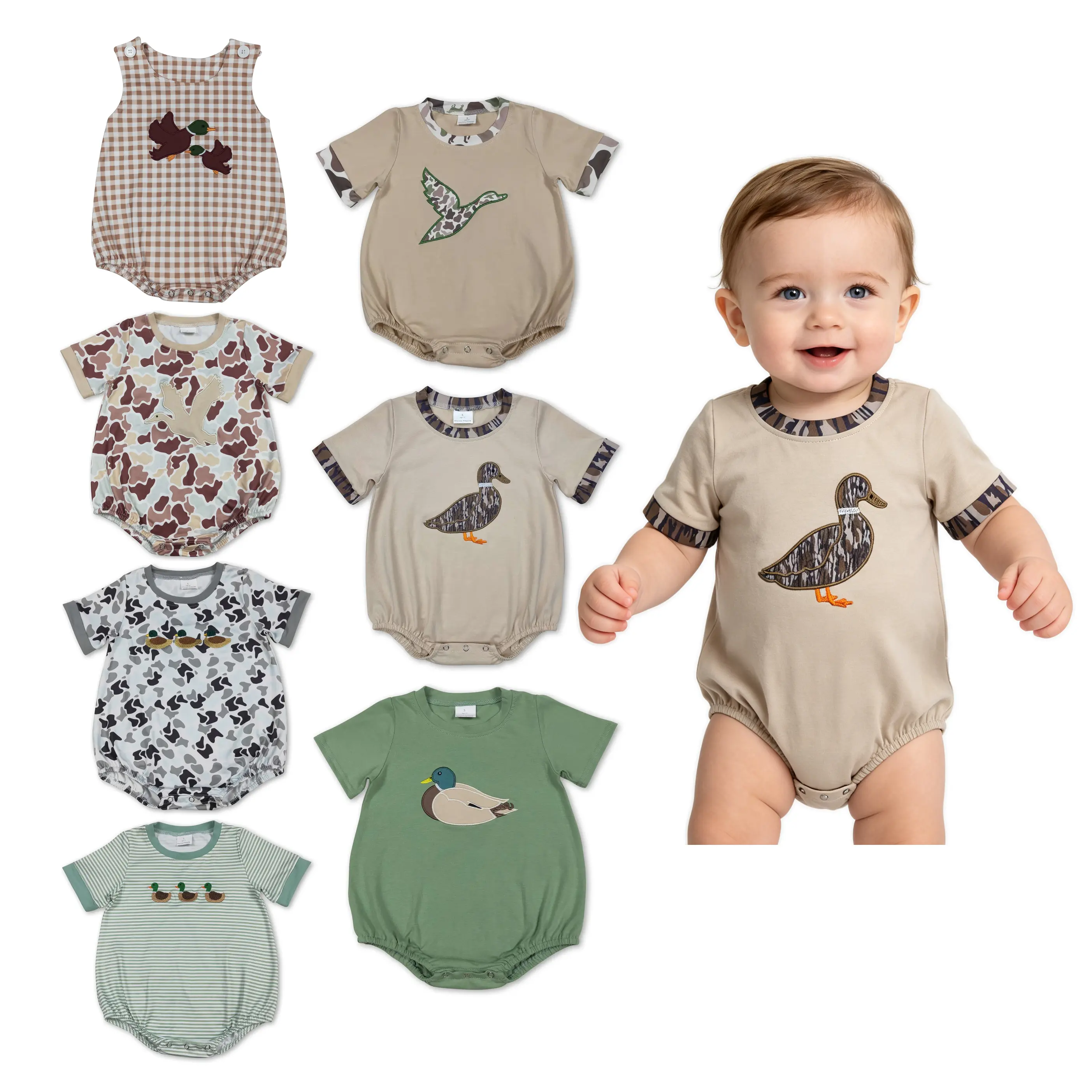 Vintage Hunting Mallard Duck Printed Baby Short Sleeve Romper Multi Styles Unisex Soft Infant Casual Daily Bodysuit, One-Piece