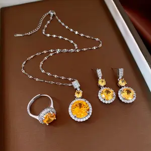 3-Piece Zircon Jewelry Set for Women – Adjustable Necklace, Drop Earrings & Open Ring | Sparkling Halo Crystal Formal Jewelry in Yellow & Pink