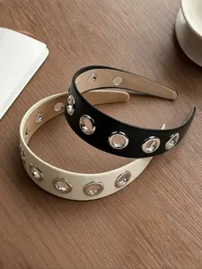 Women's Elegant PU Leather Wide Band Metal Stud Grommet Adjustable Headband, Rock Punk Style, Suitable for Daily Wear and Parties, 1pc/2pcs