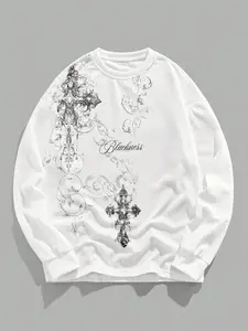 Men's Textured Fabric Full Body Print Hoodie, Cross Design Pullover Sweatshirt, Casual Fashion Long Sleeve Top for Daily Wear