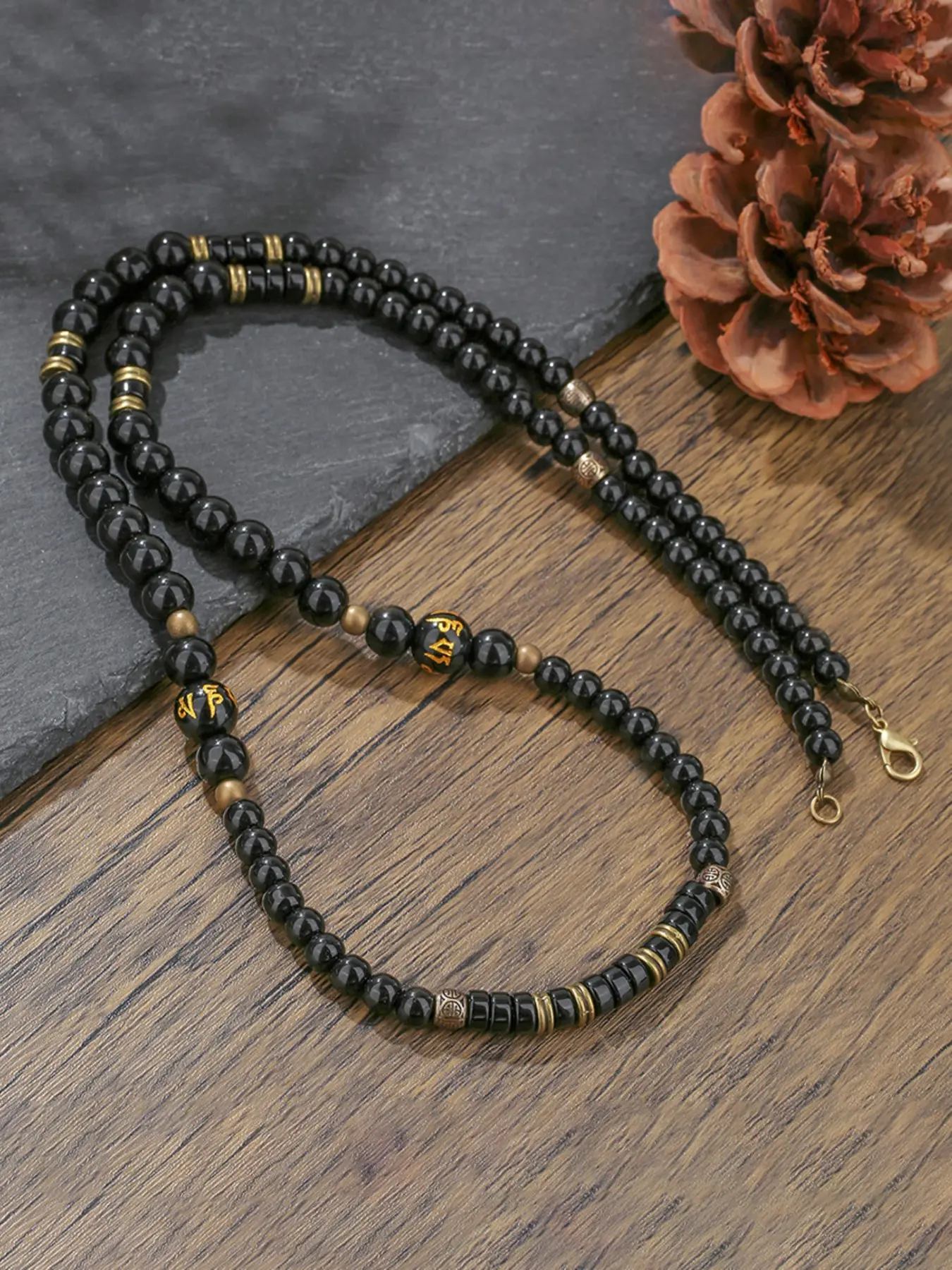 1PC Men's Vintage Ethnic Style Black Handmade Beaded Necklace for Men Spiritual Buddha Mantra Long Necklace Man Jewelry Boho Style Jewelry