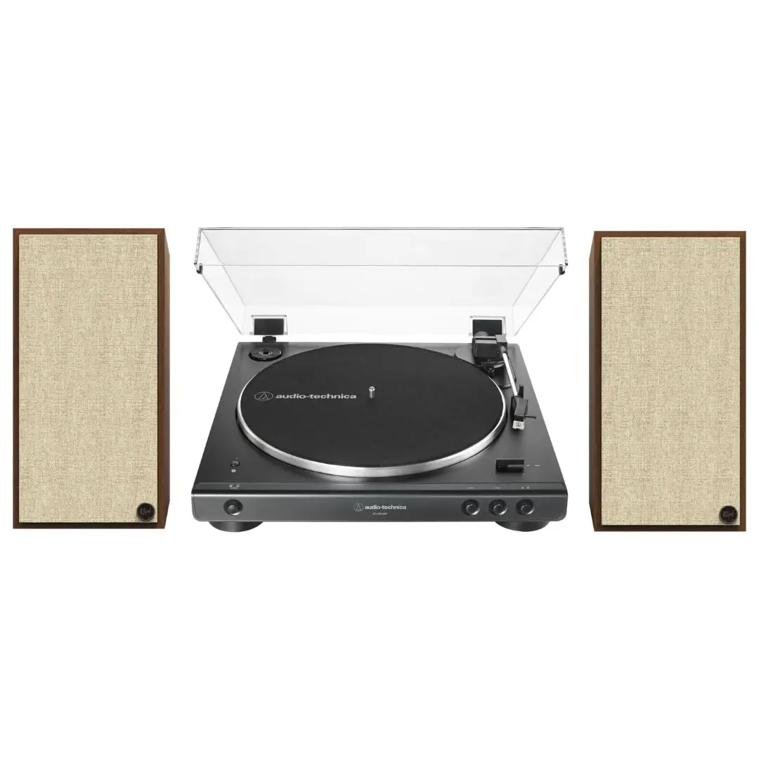 Klipsch The Sevens Retro Heritage-Inspired Wireless Bluetooth Digital Amplifier Powered Speakers (Walnut, High W Output, Built-In Subwoofer) Bundle with 60XBT-BK Fully Automatic Belt-Drive Vinyl Stereo Turntable, Watts