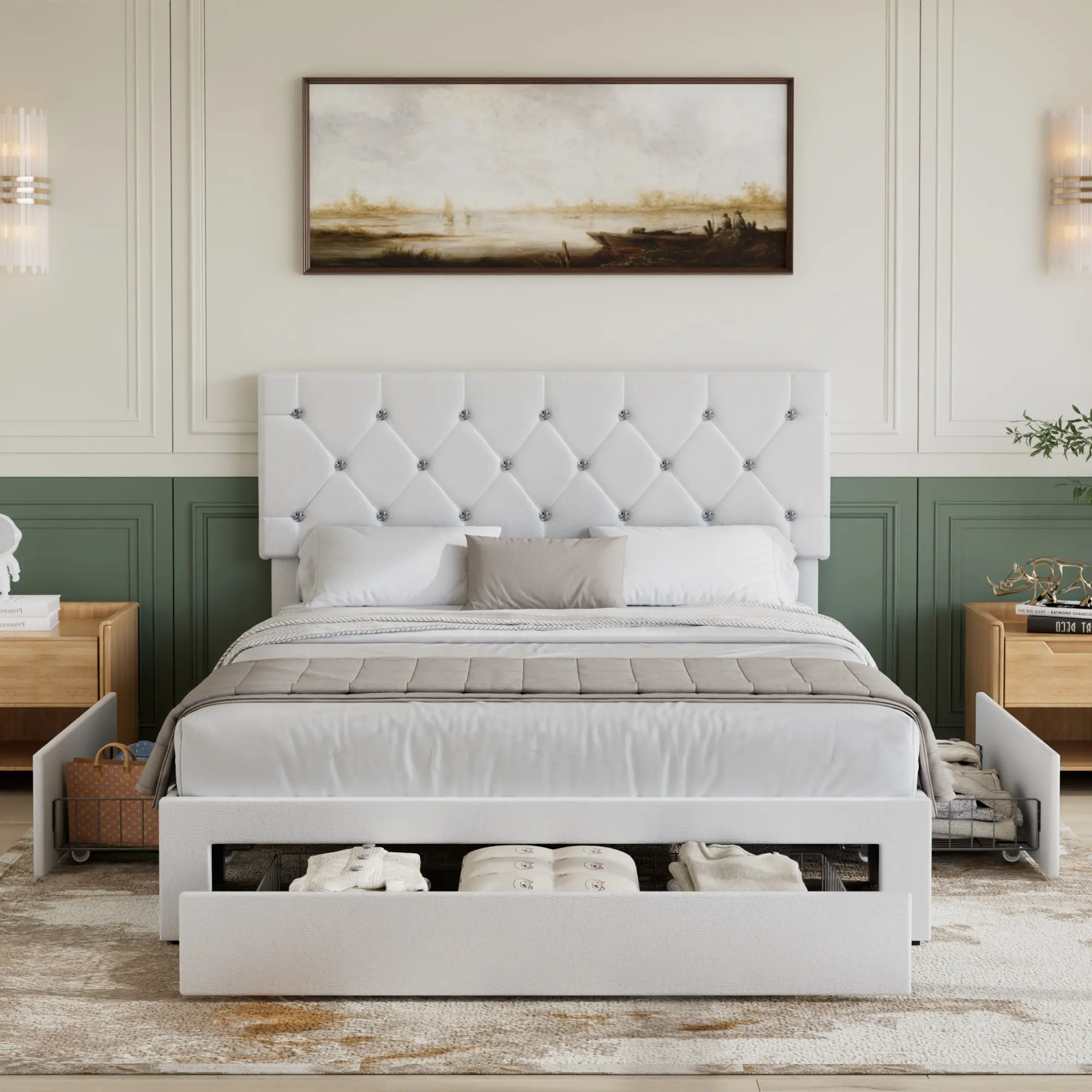 VECELO Bed Frame with 3 Storage Drawers, Faux Leather Upholstered Button Tufted Diamond Headboard Twin Full Queen Size Platform Bed Wooden Slats Support, No Box Spring Needed, Easy Assembly