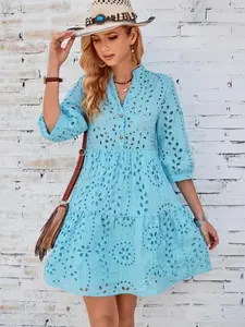 Women's Plain Embroidered Hollow Out Dress, Elegant V Neck Dress for Summer, Ladies Clothes for Daily Wear, Casual Boho Chic