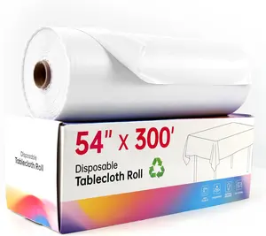 Table Cover Roll, White Disposable Tablecloth 54IN X 300FT with Slide-Box for Rectangle and Round Tables, Waterproof PEVA Table Cloth Roll for,, Birthday, Wedding