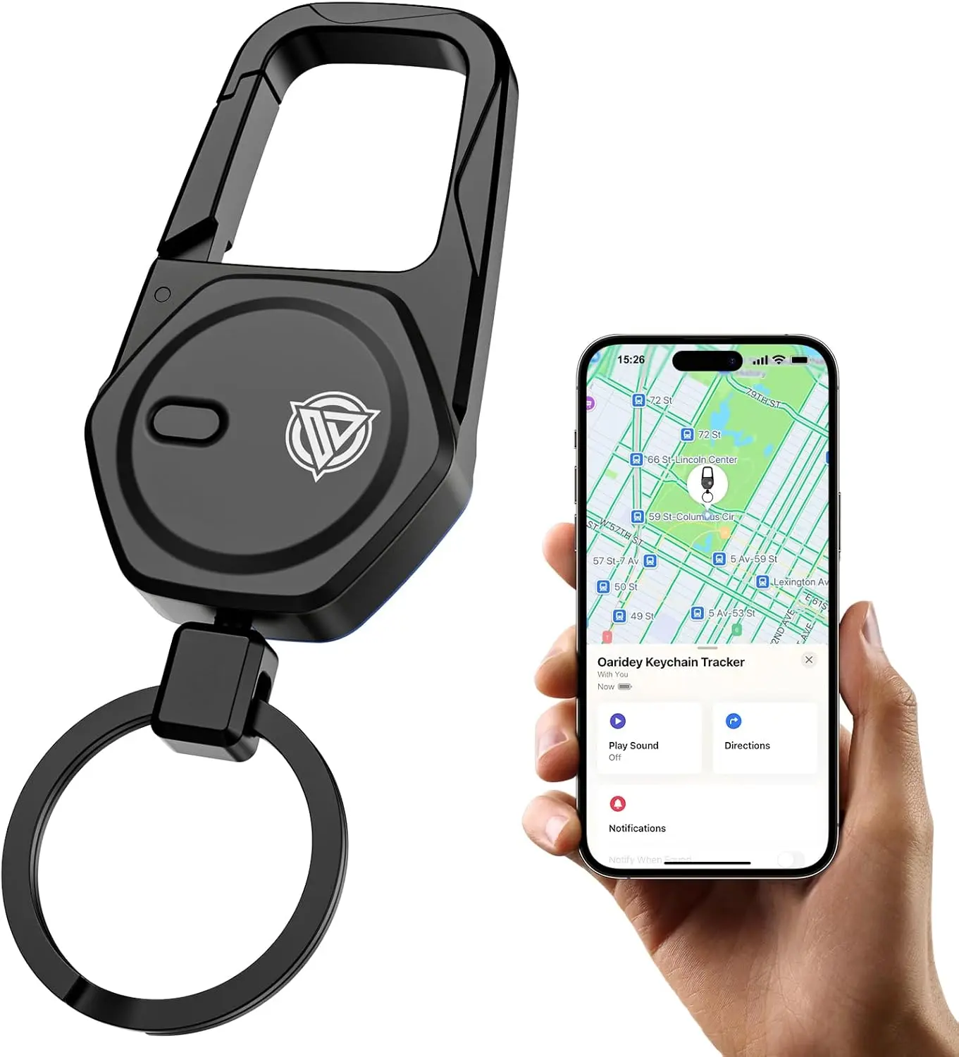 Bluetooth Heavy-Duty Plastic GPS Anti-Lost Tracker Keychain with Carabiner, iOS-Compatible, Family Use, Play Sound Alert, 2-Year Battery Life, High-Precision, for Luggage/Daily Adventures, Black