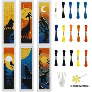 Animal Theme Cross Stitch Kit Bookmark DIY Art Set, Includes 6 Printed Fabric Panels, Embroidery Threads, Tools, Perfect for Beginners