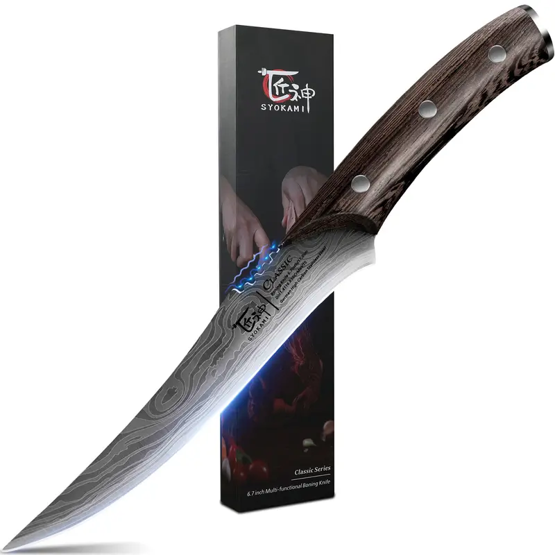 SYOKAMI 6.7 in Forged Japanese High Carbon Steel Flexible Boning Knife - Full Tang Wood Handle, Damascus Pattern, Razor Sharp, 20° Precise Flex, Ideal for Meat Cutting, Gift for Mom, Dad, Wife, Birthday, Anniversary Kitchen Knife