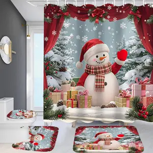 1/4pcs Christmas snowman theme design shower curtain set, non-slip floor mat, U-shaped carpet, toilet lid cover, perfect for bathroom decoration, partition, beautify the space, free 12 shower curtain hooks