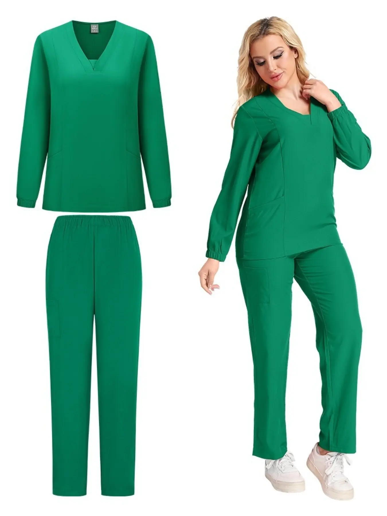 Scrubs Medical Uniforms Workwear Women 2026 Long Sleeve V-neck Pocket Care Workers Fitted T-shirt Tops Sets Spring and Autumn Uniformes De Enfermera Mujer