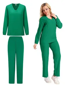 Scrubs Medical Uniforms Workwear Women 2026 Long Sleeve V-neck Pocket Care Workers Fitted T-shirt Tops Sets Spring and Autumn Uniformes De Enfermera Mujer