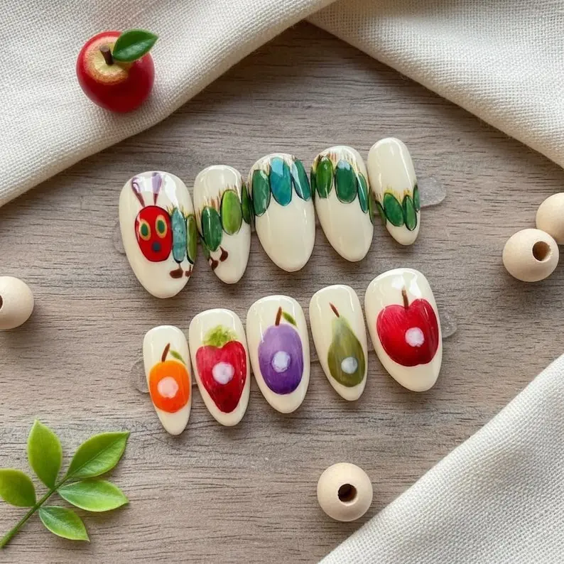 Handcrafted Press On Nails Inspired Worm Hungry Fruit And Bug Art Nail Set