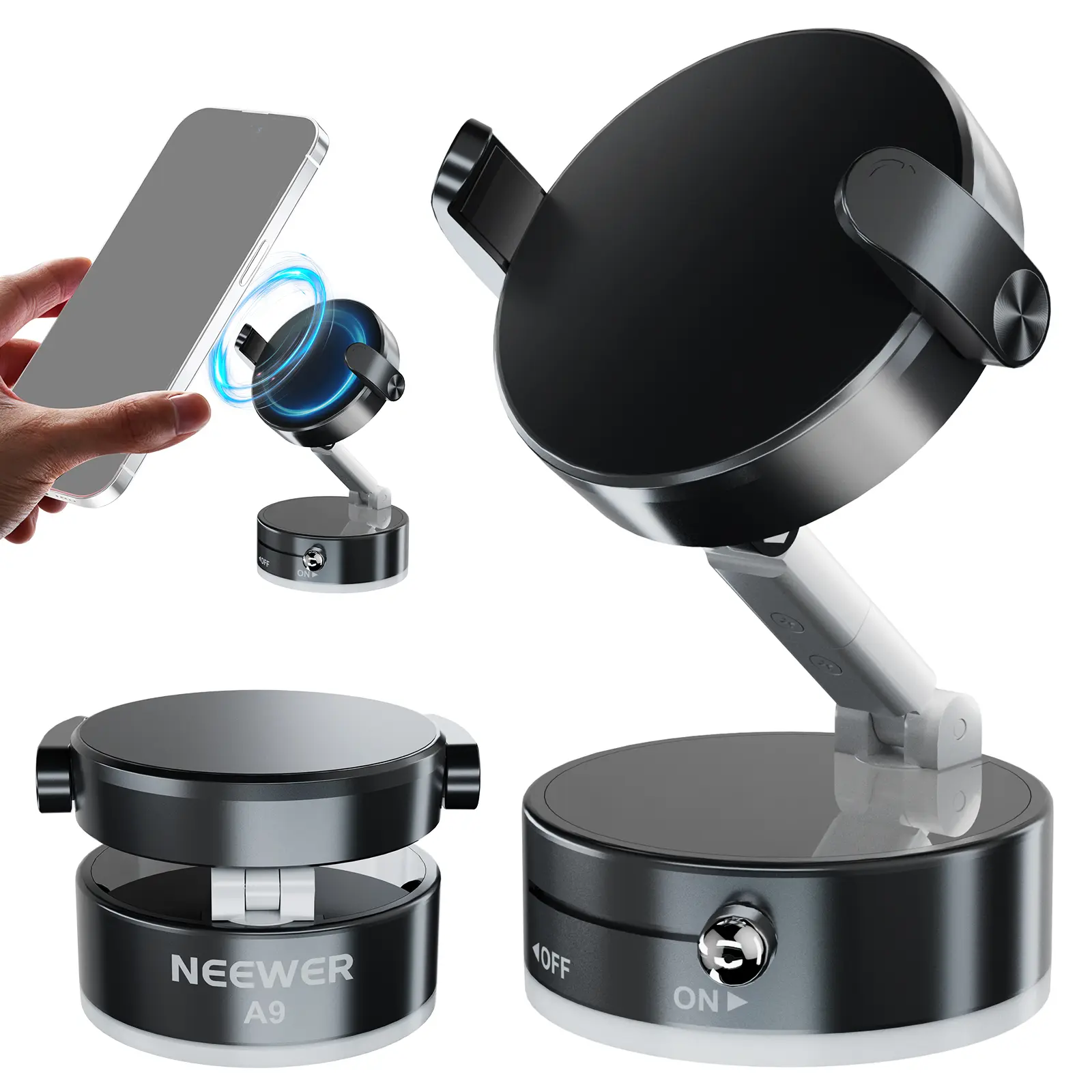 NEEWER A9 Clip-On Magnetic Phone Mount, Strong Magnetic Grip, Non-Slip Folding Stand, 360° Adjustable, Cars Vehicle Accessories for Car Navigation & Home Use
