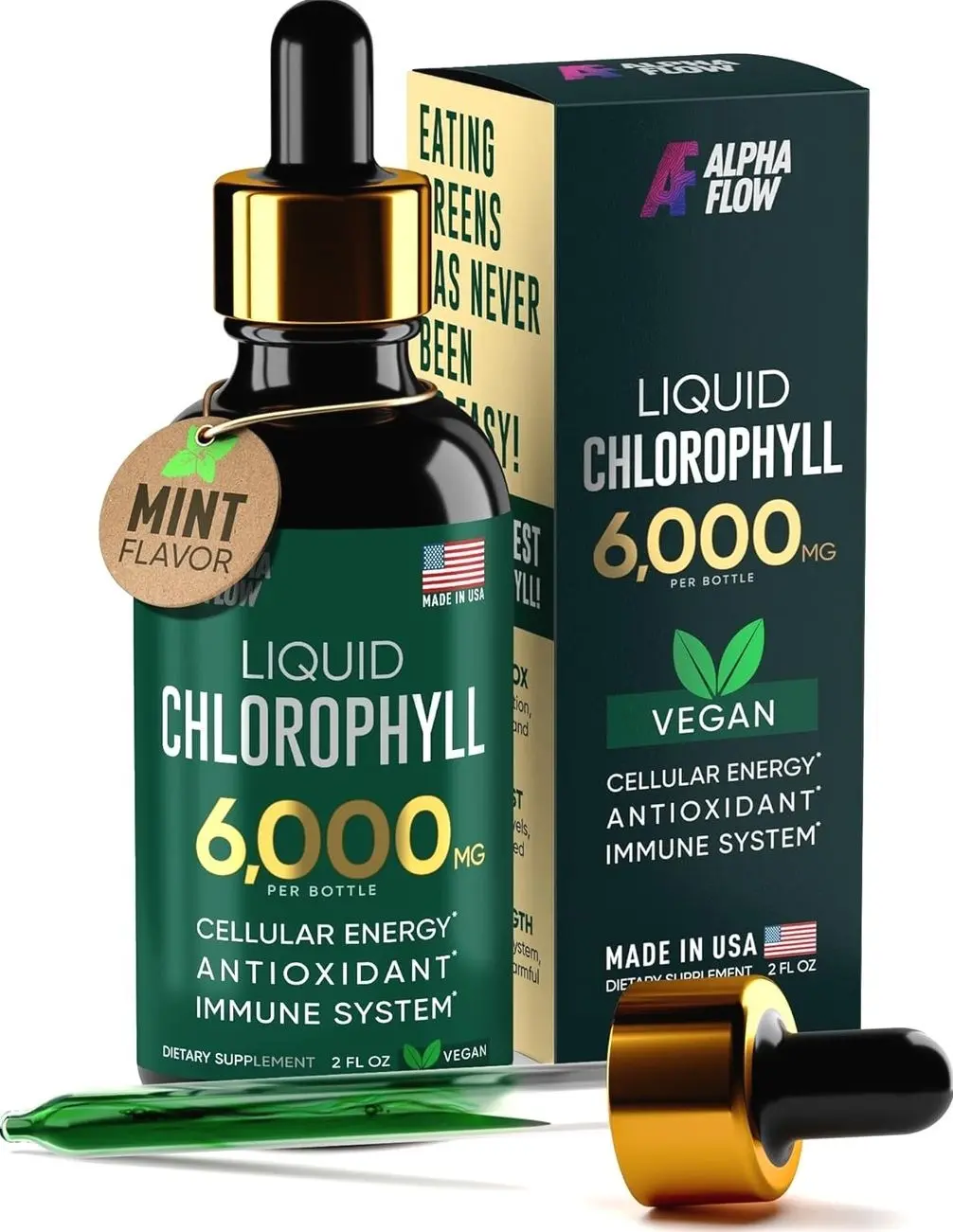 Alpha Flow Chlorophyll Liquid Drops 6000 mg - Premium Liquid Chlorophyll Supplement - All-in-One Antioxidant for Immune Boost, Energy Increase, Digestion Support & Fast Detox - Non-GMO, Vegan