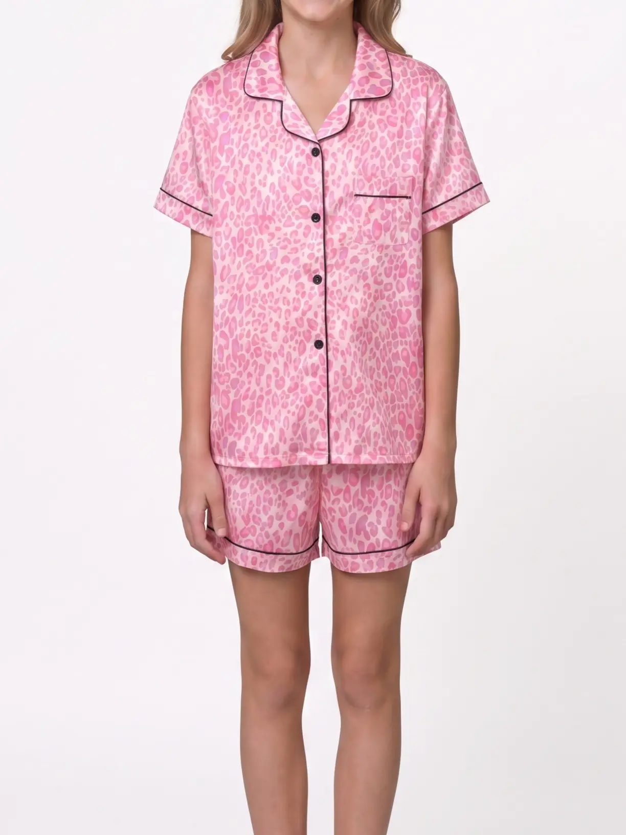 Girls Pajamas Silk Satin Sleepwear | Pink Leopard Print Short Sleeve Pjs Set | Kids Pyjamas for Girls Cute Button Down Loungewear Shorts 2 Piece | Toddler Girl Summer Clothes Soft Nightwear Birthday Gifts