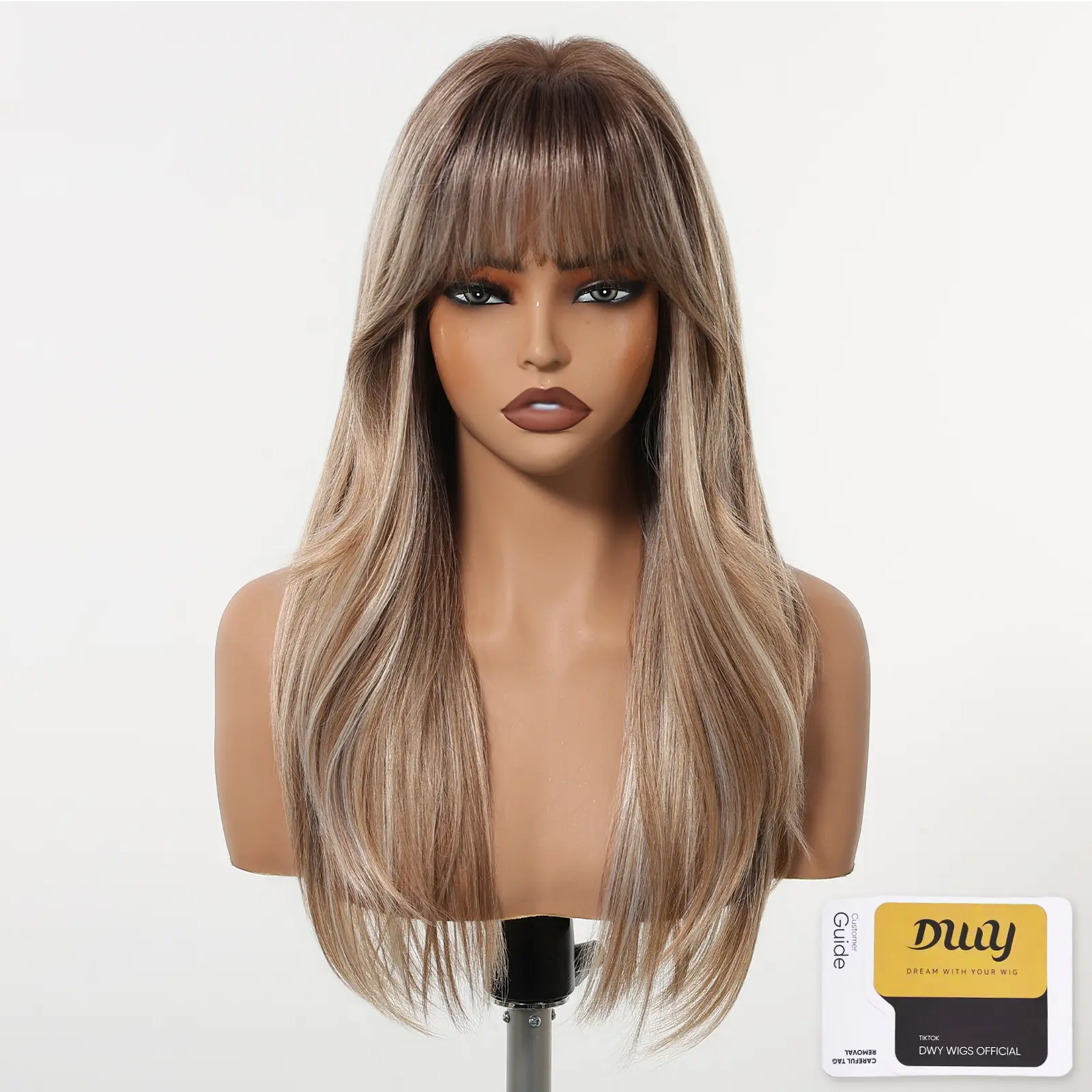 Kimi -DWY New Technology! Bionic Silk Top 22-Inch Long Wave Brown Glueless Synthetic Wig with Bangs for Women High-Quality Premium Fiber Easy Wear Comfortable Fit