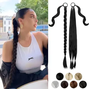 Braided Ponytail Extension 26'' 30'' DIY Long Braid Hair Extensions Ponytail with Elastic Tie Straight Wrap Around Natural Soft Synthetic Hairpiece for Women Dark Black