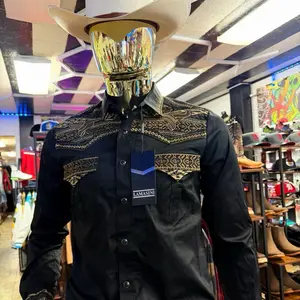 LAMASI Men's White Western Shirt with Embroidered Details and Button Closure for Casual Wear Long Sleeve