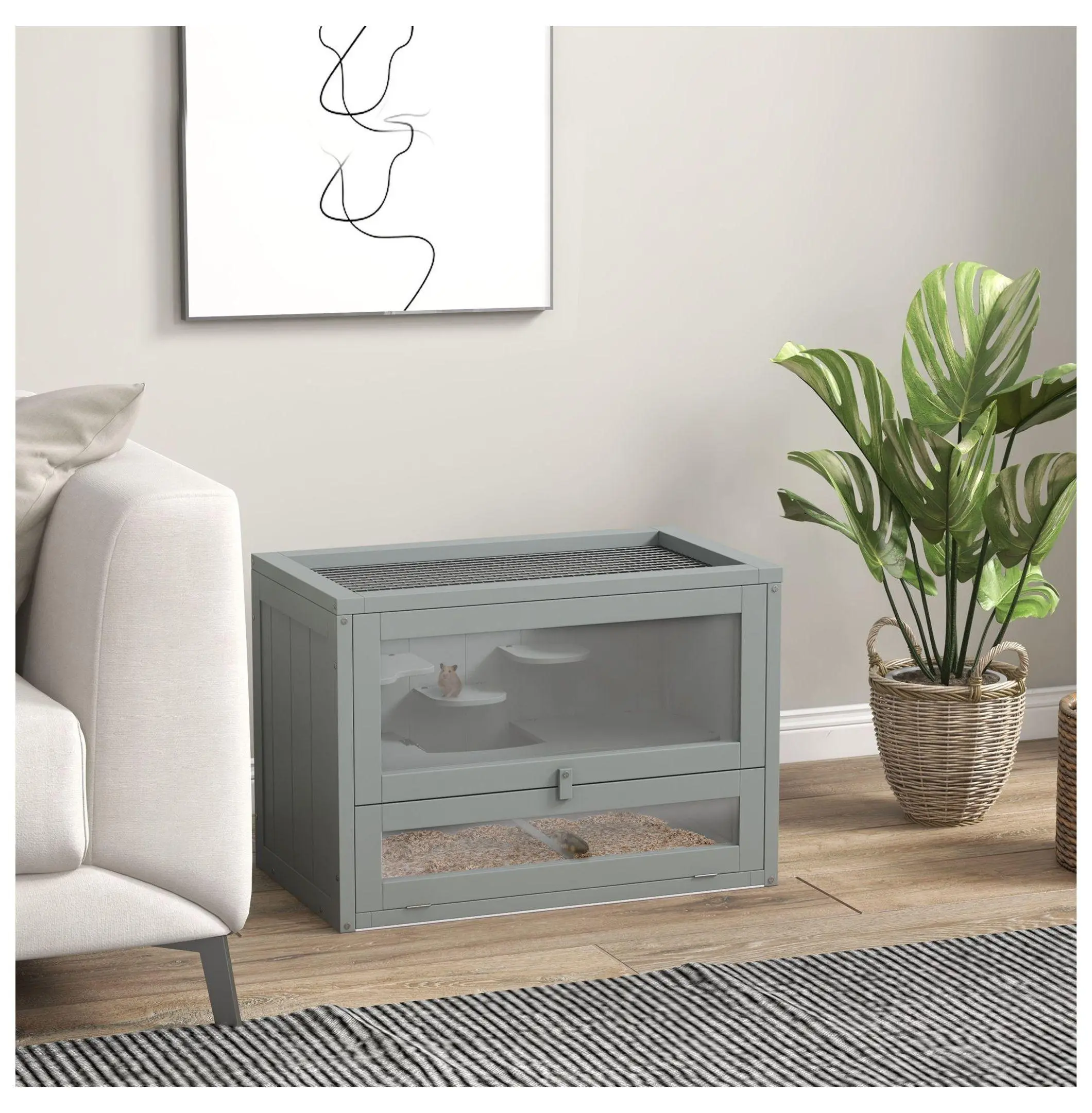 Hamster Cage 2-Level, Wood Small Animal Habitat - Gray Gerbil Cage with Ladder & Shelf, Open Top, Door - Indoor Outdoor Pet Cage