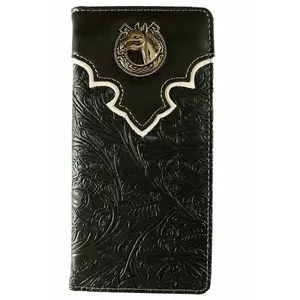 Men's Western Bifold Wallet Black Ostrich Checkbook Horse Design