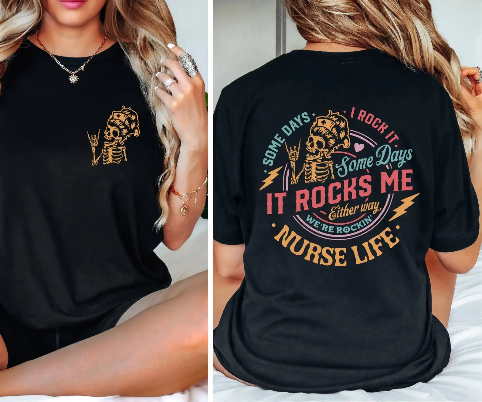 Nurse Life Skeleton Shirt,Some Days It Rocks Me Shirt,Funny Cool Skeleton Shirt,Sarcastic Graphic Tees Gift for Nurse,Funny ER Nurse T-Shirt