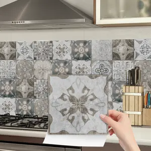 48pcs Vintage Floral Tile Wall Stickers, PVC Material, Waterproof, Oil-Resistant, Wear-Resistant, Removable, No Trace, Bedroom, Kitchen, Shower
