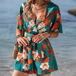 Women's Boho Floral Romper – Surplice Neck Short Sleeve Jumpsuit with Adjustable Belt & Wide Leg Shorts, High Waist Design for Summer Vacations & Beach Getaways,Tropical romper, tiktokshopsummerturnup