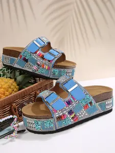 Summer New Bohemian Style Colorful Rhinestone Cork Thick Sole Sandals, Ethnic Turquoise Bead Double Buckle Flip Flops, Beach Wear Outdoor Shoes
