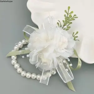 Chiffon Flower Crown & Pearl Bridesmaid Bracelet, Elegant Floral Wedding Accessories, Soft Bridal Party Decor, Ideal Bridesmaid Favors and Mother's Day Gift