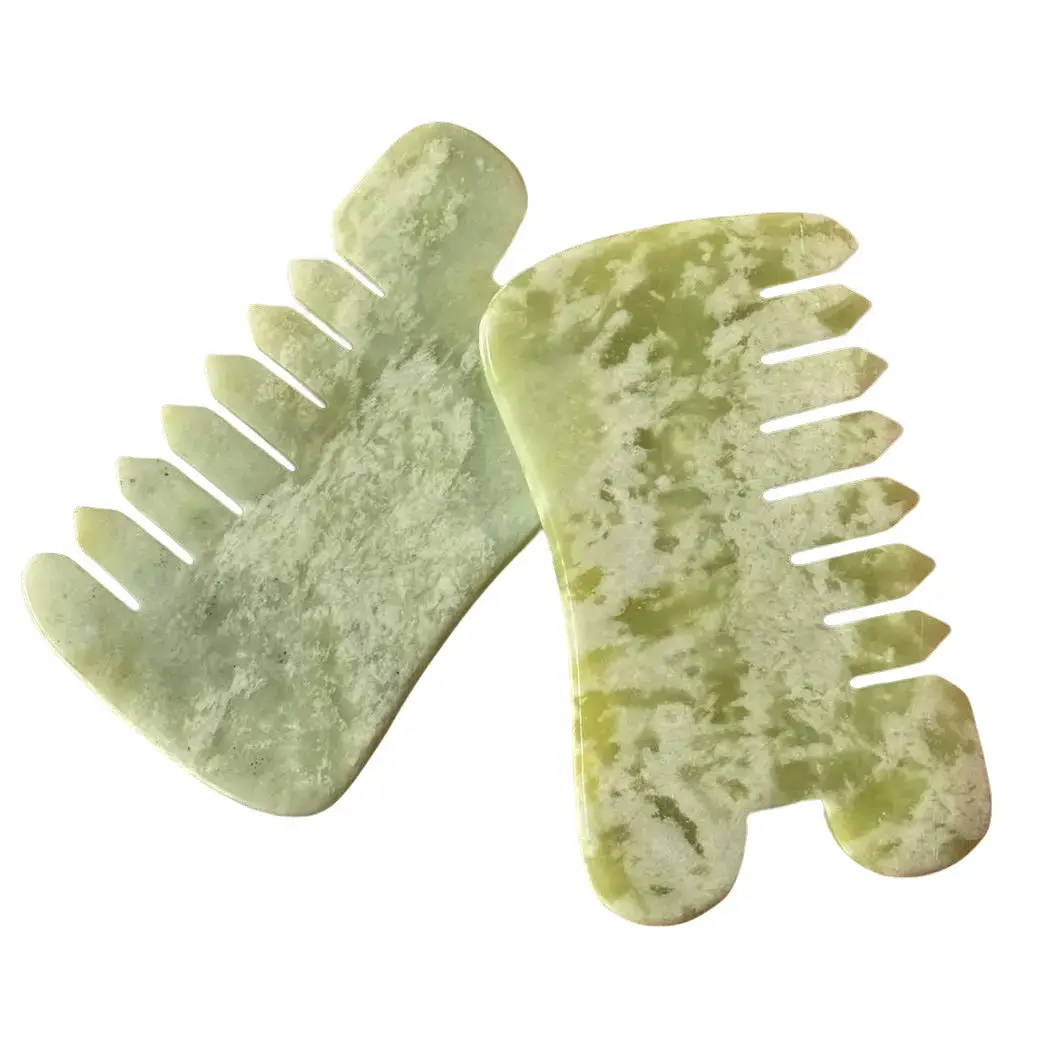 Natural Jade Comb, Dual Head Massager + Gua Sha, Hair Oil Application Tool, Scalp Circulation Hand Carved Green Jade Tool