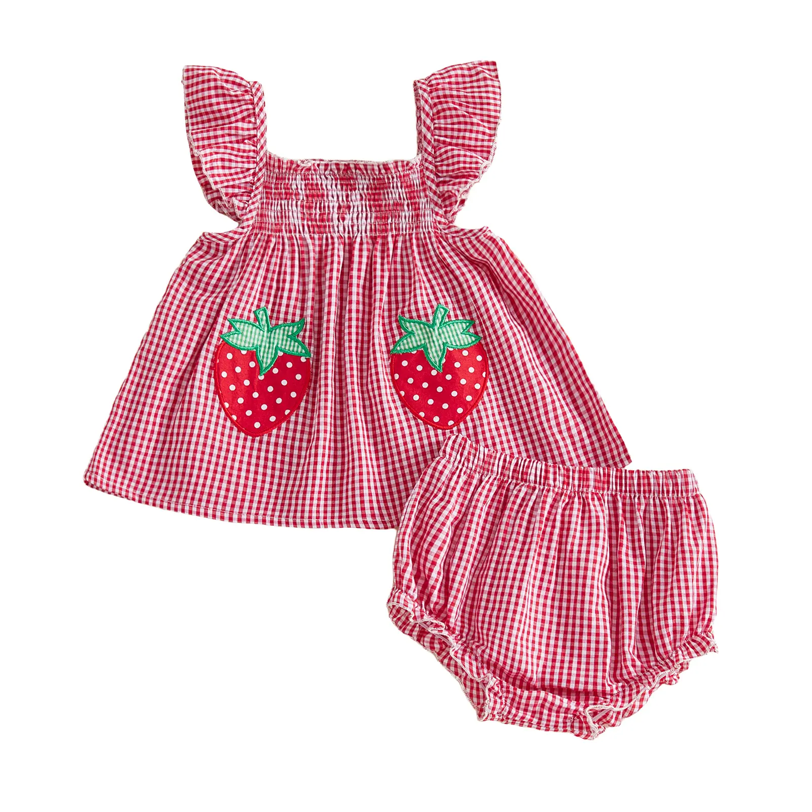 Canrulo Toddler Girls Summer Clothes Ruffle Sleeve Strawberry Gingham Dress Tops Bloomers Shorts Set Cute Spring Outfit