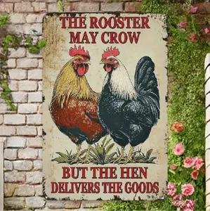 Vintage Rooster And Hen Metal Tin Sign Rustic Farmhouse Wall Decor For Home Kitchen Bar Office Durable Iron Material Easy To Hang No Electricity Needed Kitchen Art Piece