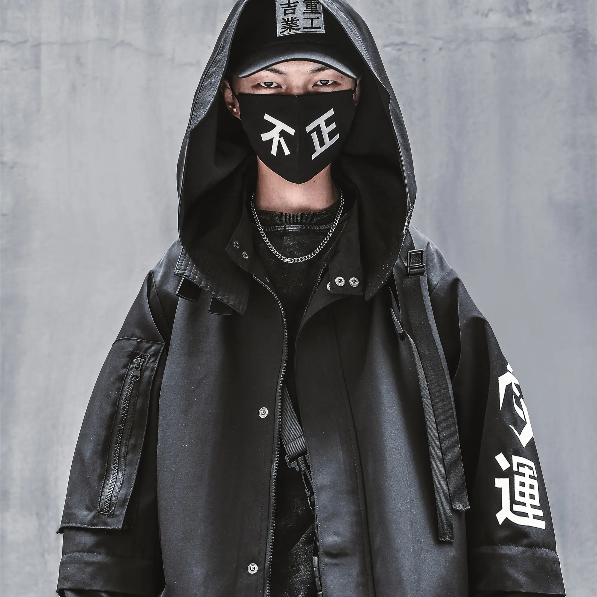 Hij7 Niepce Black Techwear Fashion Japanese Kanji Cyberpunk Jacket