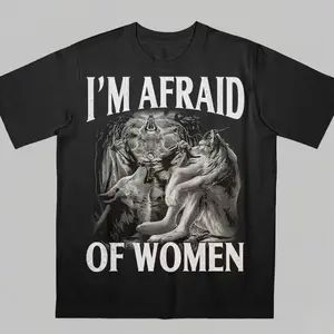 "Im Afraid Of Women" Wolfman Emoji Funny Awkward Top Menswear T-Shirt  for Outdoor Activities casual graphic short sleeve tee